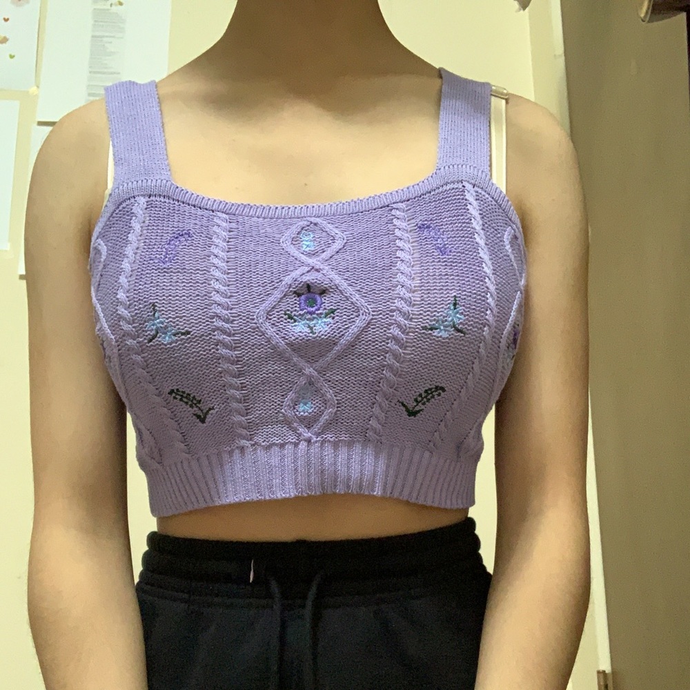 Purple Crop Top with Floral Embroidery Yesstyle